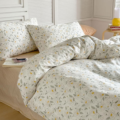 AOJIM Aesthetic Floral Printed Duvet Cover Set for Room Decor, Pure Cotton Comforter Cover Set 3pcs for Kids Adults, 1 Soft Cozy Quilt Cover Queen Size and 2 Matching Pillowcases, No Quilt or Pillow