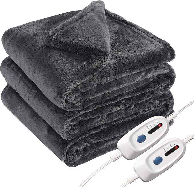 Electric Heated Blanket Queen Size 84"x90", Dual Control Fast Heating Cozy Heated Blanket for Bed, 10 Hours Auto Off & 4 Heating Levels, Warm Gift for Grandma-Dark Gray