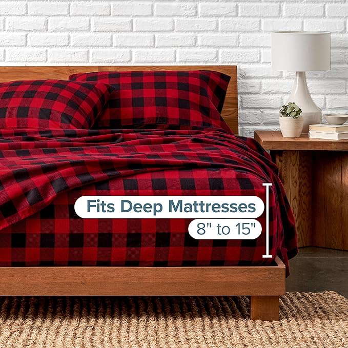 Bare Home Flannel Sheet Set Prints, 100% Cotton, Velvety Soft Heavyweight - Christmas Holiday Sheets - Double Brushed Flannel - Extra Softness, Comfort - Deep Pocket (Full, Buffalo Plaid - Red/Black)