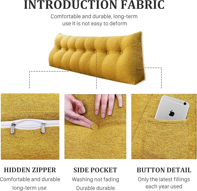 14 lbs Thickened King Headboard Pillow Wedge Pillow Headboard Reading Pillow Bed for Backrest Reading Triangular Pillow with Side Pocket for Sitting in Bed Cotton Linen Yellow