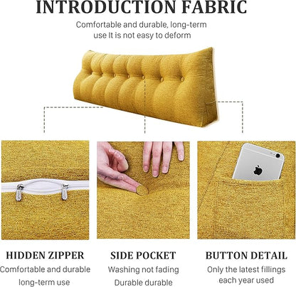 14 lbs Thickened King Headboard Pillow Wedge Pillow Headboard Reading Pillow Bed for Backrest Reading Triangular Pillow with Side Pocket for Sitting in Bed Cotton Linen Yellow