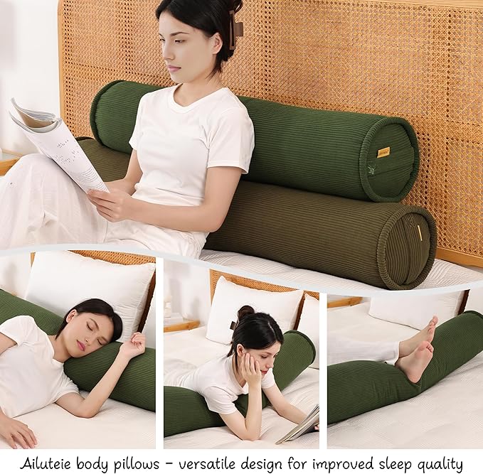 Long Pillow for Bed – Corduroy Round Bolster Pillow for Adults, Decorative Body Pillow for Sleeping or Sofa Support,59 x 7.87 Inches,Avocado Green