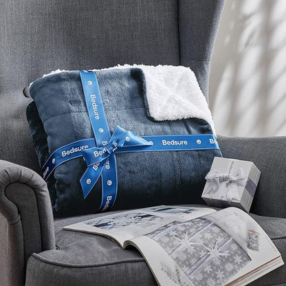 Bedsure GentleSoft Sherpa Fleece Blankets Queen Size for Bed - Thick and Warm, Soft Fuzzy Plush Queen Blanket for Winter, Slate Blue, 90x90 Inches