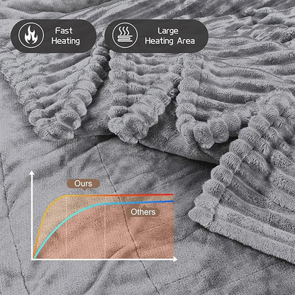 Electric Heated Blanket Twin-Size 62x84 Inch - Ultra Soft Silky Flannel with Ribbed Texture, 10 Heating Levels and 12 Hours Auto-Off Feature - Gray