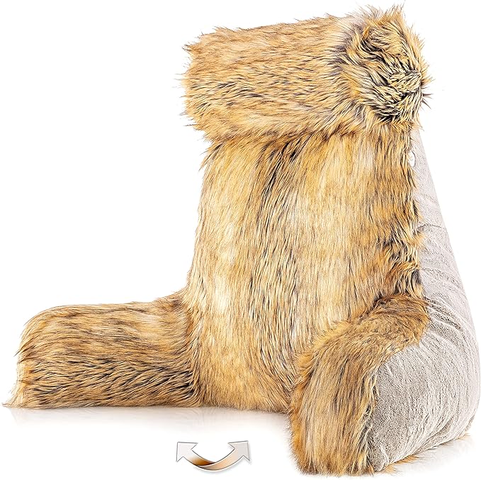 Husband Pillow Medium Ultra Rare Baby Amber Fox Fabulous Faux Fur Backrest, 2-Tone Reversible Double Sided Reading & Bed Rest Pillow with Arms & Neck Roll, Adjustable Memory Foam - Extremely Comfy