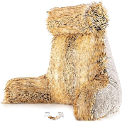 Husband Pillow Medium Ultra Rare Baby Amber Fox Fabulous Faux Fur Backrest, 2-Tone Reversible Double Sided Reading & Bed Rest Pillow with Arms & Neck Roll, Adjustable Memory Foam - Extremely Comfy