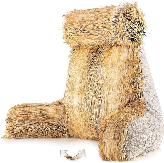 Husband Pillow Medium Ultra Rare Baby Amber Fox Fabulous Faux Fur Backrest, 2-Tone Reversible Double Sided Reading & Bed Rest Pillow with Arms & Neck Roll, Adjustable Memory Foam - Extremely Comfy