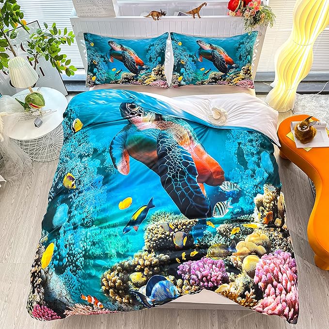 CVHOUSE Sea Turtle Bedding Set,Ocean Beach Duvet Cover Set Queen Size,Turtle Comforter Cover for Boys Kids Girls(1 Quilt Cover 2 Pillowcases 3 Piece)