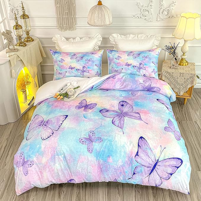 CVHOUSE Rainbow Butterfly Bedding Set for Girls - King Size, 1 Duvet Cover 2 Pillowcases, Girls Room Decor
