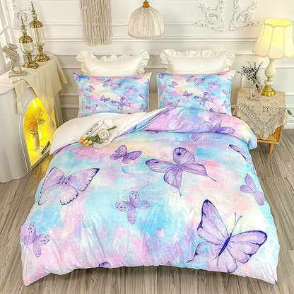 CVHOUSE Rainbow Butterfly Bedding Set for Girls - King Size, 1 Duvet Cover 2 Pillowcases, Girls Room Decor