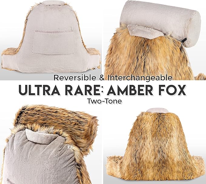 Husband Pillow Medium Ultra Rare Baby Amber Fox Fabulous Faux Fur Backrest, 2-Tone Reversible Double Sided Reading & Bed Rest Pillow with Arms & Neck Roll, Adjustable Memory Foam - Extremely Comfy