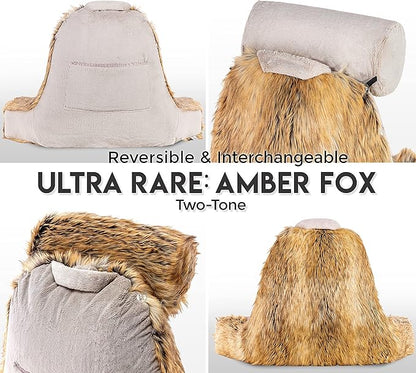 Husband Pillow Medium Ultra Rare Baby Amber Fox Fabulous Faux Fur Backrest, 2-Tone Reversible Double Sided Reading & Bed Rest Pillow with Arms & Neck Roll, Adjustable Memory Foam - Extremely Comfy