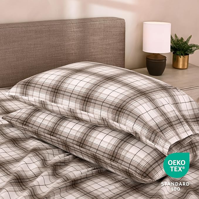 Bare Home Cotton Flannel Sheet Set Prints, 100% Cotton, Velvety Soft Heavyweight - Double Brushed for Softness & Comfort - Deep Pocket - Bed Sheets (Twin, Chesapeake Plaid - Neutral)