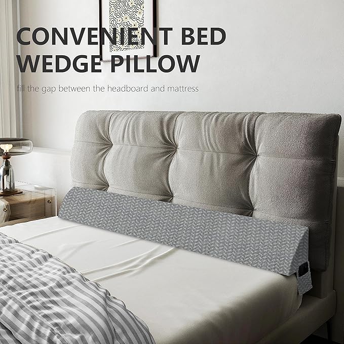 Bed Wedge Pillow for Headboard Gap Bed Mattress Gap Filler (0-8") Between Headboard/Wall and Mattress Grey Full Size Foam Support Triangle Bloster Pillow Stoppers with 2 Pockets