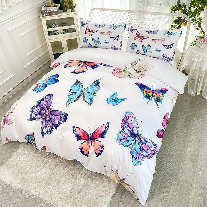 CVHOUSE Butterfly Duvet Cover Set - Twin Size, Butterfly Printed Comforter Set for Girls, Kids & Teens - 1 Quilt Cover, 2 Pillowcases