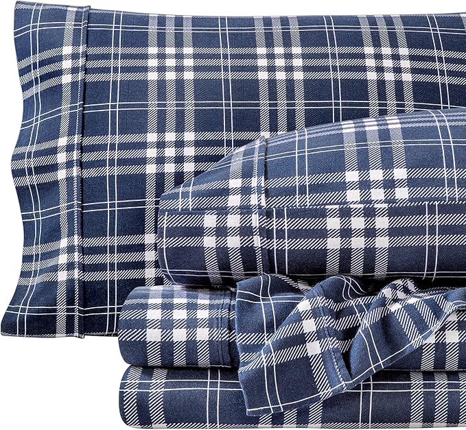 Bare Home Flannel Sheet Set Prints, 100% Cotton, Velvety Soft Heavyweight - Double Brushed Flannel for Extra Softness & Comfort - Deep Pocket - Bed Sheets (King, Stirling Plaid - Blue/White)