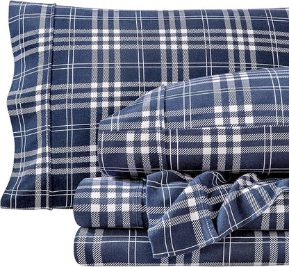 Bare Home Flannel Sheet Set Prints, 100% Cotton, Velvety Soft Heavyweight - Double Brushed Flannel for Extra Softness & Comfort - Deep Pocket - Bed Sheets (Full, Stirling Plaid - Blue/White)