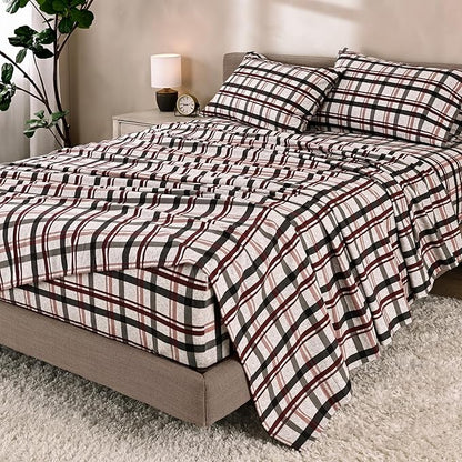 Bare Home Cotton Flannel Sheet Set Prints, 100% Cotton, Velvety Soft Heavyweight - Double Brushed for Softness & Comfort - Deep Pocket - Bed Sheets (Twin XL, Nordic Plaid - Black)