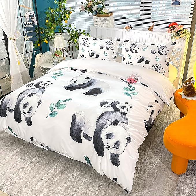 CVHOUSE Panda Duvet Cover Set Full,Panda Bedding Set for Boys Girls,Animal Comforter Cover,Cute Cartoon Pandas Quilt Cover Set,1 Quilt Cover 2 Pillowcases 3 Piece
