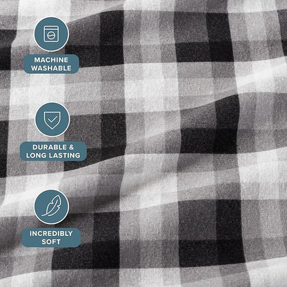 Bare Home Flannel Sheet Set Prints, 100% Cotton, Velvety Soft Heavyweight - Double Brushed for Softness & Comfort - Deep Pocket - Bed Sheets (Queen, Oliver Plaid - Grey)