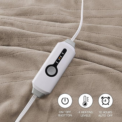 Heated Electric Blanket 62"x84" Twin Size, Soft Coral Fleece Blanket with 4 Heating Levels & 10 Hours Auto-Off, Fast Heating, Warm Cozy, Machine Washable for Home & Office - Light Brown