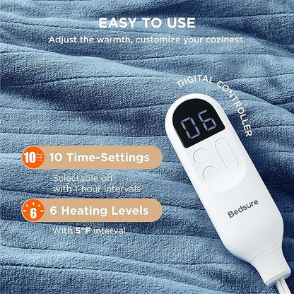 Bedsure Electric Blanket Twin - Soft Flannel Heated Blanket, Fast Heating with 10 Time Settings & 6 Heat Settings, Warm Gift for Grandma (62x84 inches, Blue)