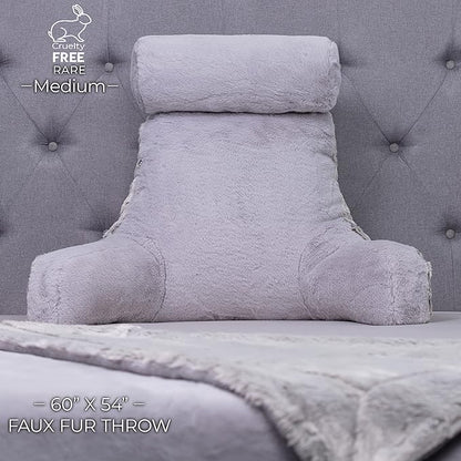 Husband Pillow Medium Rare Baby Arctic Grey Wolf Backrest, 2-Tone Reversible Double Sided Fabulous Faux Fur Reading & Bed Rest Pillow with Arms & Neck Roll, Adjustable Memory Foam - Extremely Comfy