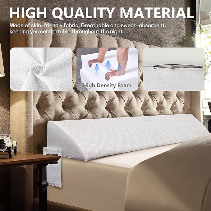 Bed Wedge Pillow for Headboard Gap Bed Mattress Gap Filler (0-8") Between Headboard/Wall and Mattress White Full Size Foam Support Triangle Bloster Pillow Stoppers with 2 Pockets