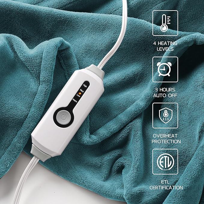 Electric Heated Throw 50"x60" Size with Handheld Controller, 4 Temperature Settings & 3 Hour Auto Coral Fleece Shut-Off-Machine Washable-Teal