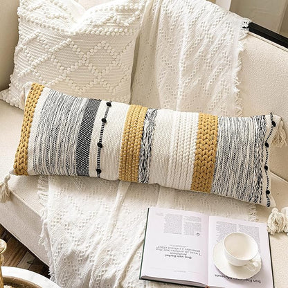 BlissBlush Decorative Lumbar Throw Pillow Cover 14x36 Boho Long Cushion for Bed Yellow Mustard Accent Farmhouse Pillowcase for Bedroom Living Room Couch Sofa Home Décor Cover ONLY