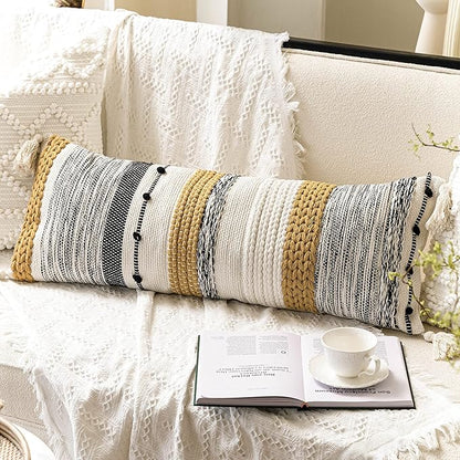 BlissBlush Decorative Lumbar Throw Pillow Cover 14x36 Boho Long Cushion for Bed Yellow Mustard Accent Farmhouse Pillowcase for Bedroom Living Room Couch Sofa Home Décor Cover ONLY