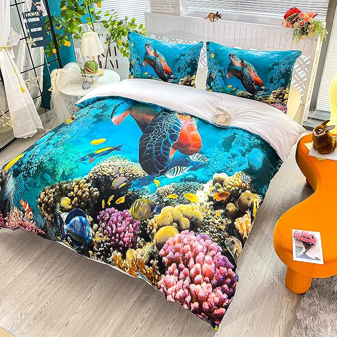 CVHOUSE Sea Turtle Bedding Set,Ocean Beach Duvet Cover Set Queen Size,Turtle Comforter Cover for Boys Kids Girls(1 Quilt Cover 2 Pillowcases 3 Piece)