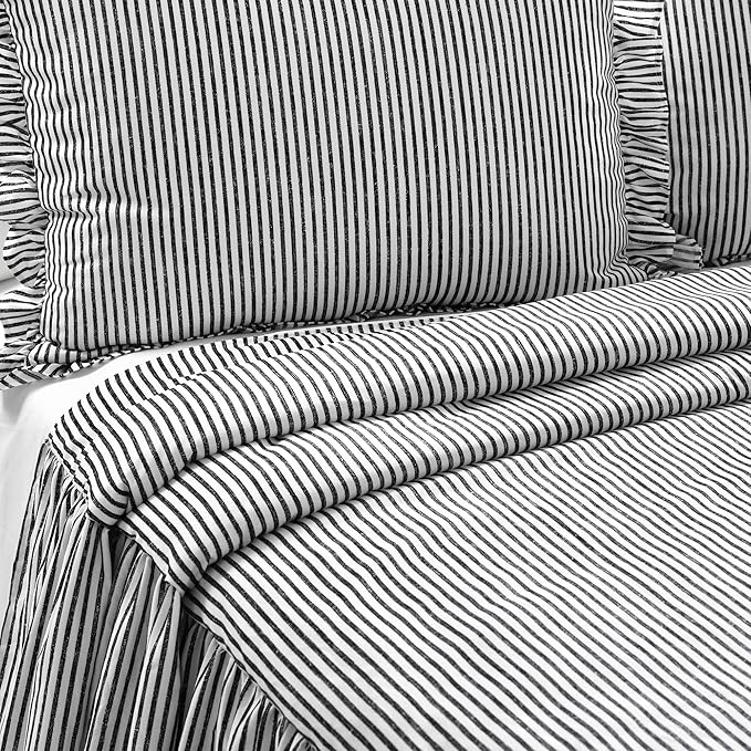 Lush Decor Ticking Stripe Bedspread King Size 3 Piece Set Black - Ruffle Bedding Set King Bedspreads - Striped Bedding - Farmhouse & Coquette Decor
