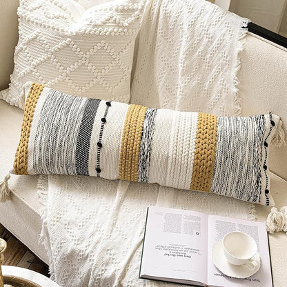 BlissBlush Decorative Lumbar Throw Pillow Cover 14x36 Boho Long Cushion for Bed Yellow Mustard Accent Farmhouse Pillowcase for Bedroom Living Room Couch Sofa Home Décor Cover ONLY