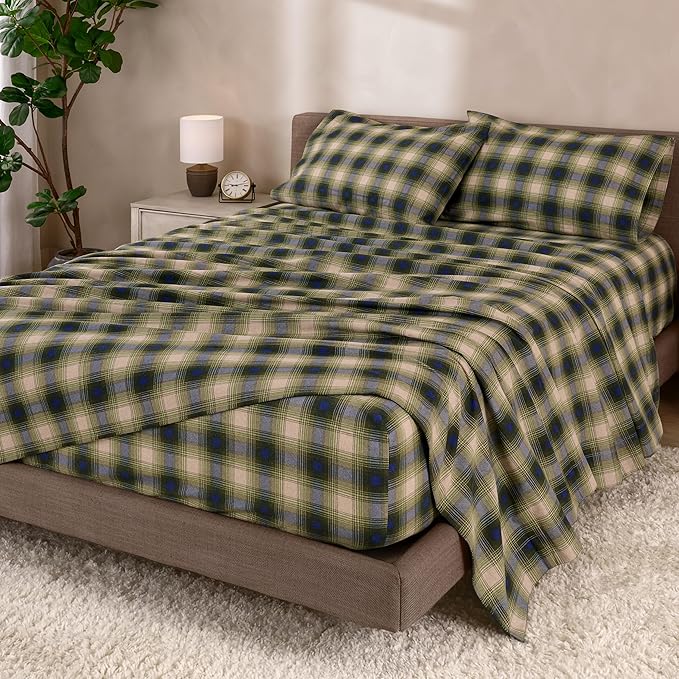 Bare Home Cotton Flannel Sheet Set Prints, 100% Cotton, Velvety Soft Heavyweight - Double Brushed for Softness & Comfort - Deep Pocket - Bed Sheets (Twin, Voyageur Plaid - Green)