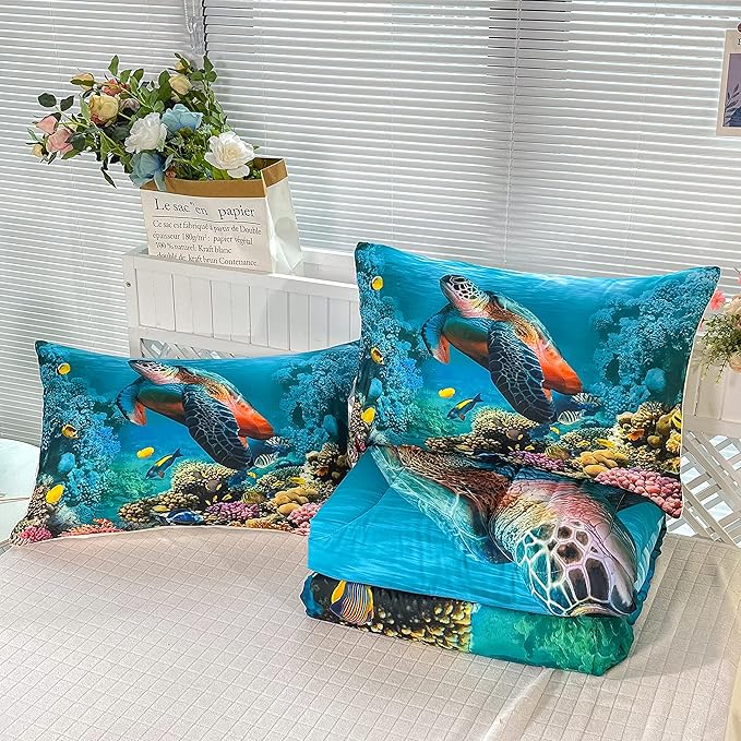 CVHOUSE Sea Turtle Bedding Set,Sea Turtle Comforter Full,Ocean Beach Comforter Set for Boys Kids Girls,Ocean Quilt Set with 1 Comforter and 2 Pillow Cases