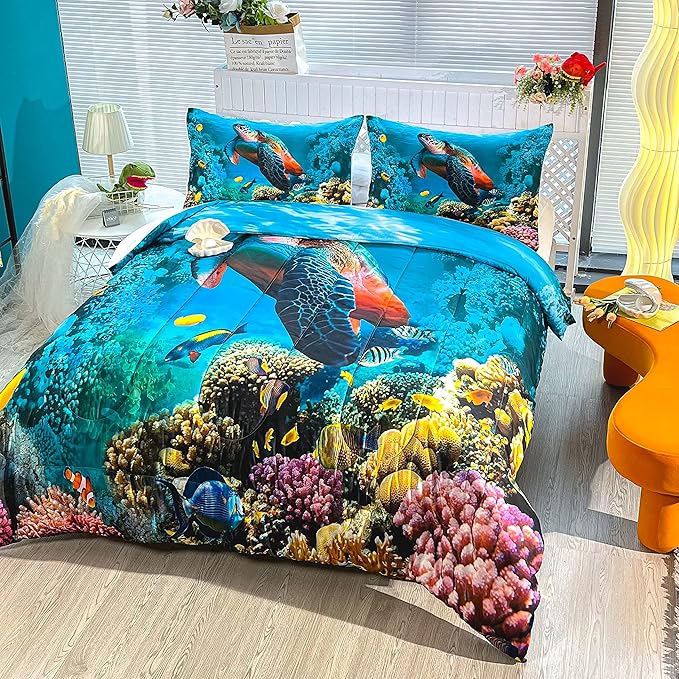 CVHOUSE Sea Turtle Bedding Set,Sea Turtle Comforter Full,Ocean Beach Comforter Set for Boys Kids Girls,Ocean Quilt Set with 1 Comforter and 2 Pillow Cases