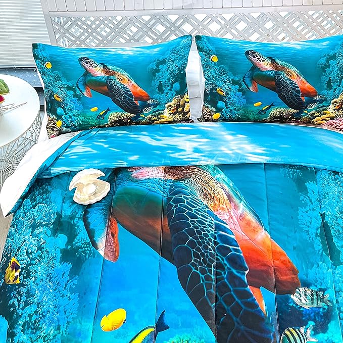 CVHOUSE Sea Turtle Bedding Set,Sea Turtle Comforter Full,Ocean Beach Comforter Set for Boys Kids Girls,Ocean Quilt Set with 1 Comforter and 2 Pillow Cases