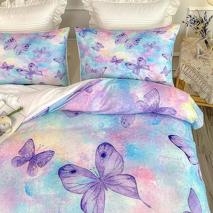 CVHOUSE Butterfly Bedding Twin Size,Rainbow Set for Girls Kids Teens,Rainbow Comforter Cover Soft,1 Duvet 2 Pillowcases 3 Piece,Girls Room Decor Twin 71'x87'