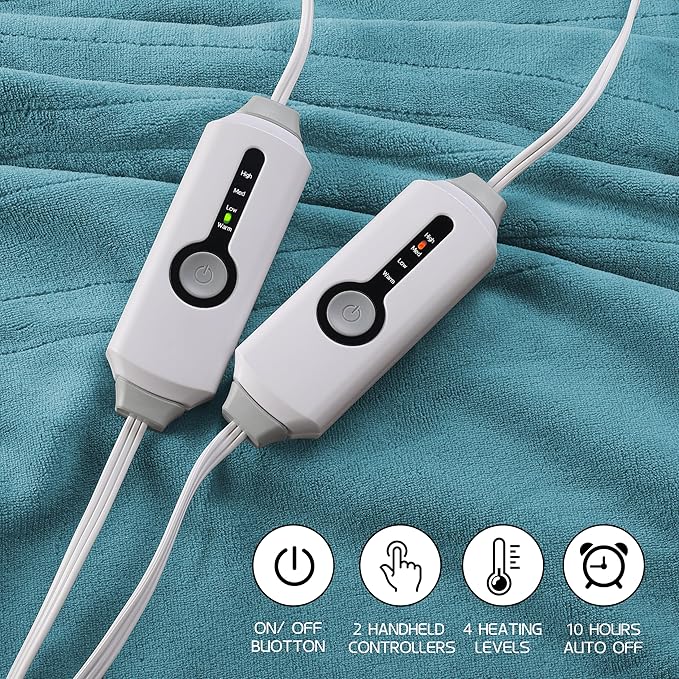 Electric Heated Blanket 90"x100" King Size, Soft Coral Fleece, Dual Controllers with 4 Heating Levels and 10 Hours Auto-Off, Machine Washable, Cozy Plush Fabric for Home, Teal