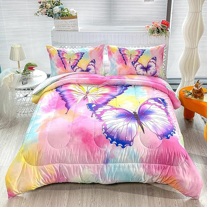 CVHOUSE Butterfly Bedding Set,Butterfly Comforter King,Butterfly Comforter Set for Girls Kids Teens,Butterflies Quilt Set with 1 Comforter and 2 Pillow Cases