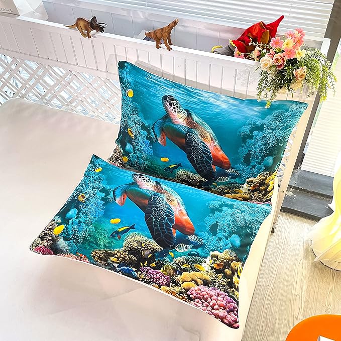 CVHOUSE Sea Turtle Bedding Set,Ocean Beach Duvet Cover Set Queen Size,Turtle Comforter Cover for Boys Kids Girls(1 Quilt Cover 2 Pillowcases 3 Piece)