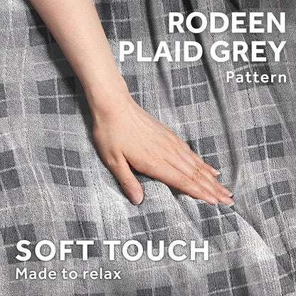 Sunbeam Electric Throw Royal Luxe Microplush Heated Blanket, 4 Heat Settings, 4-Hour Auto Shut-Off, Fast Heating, Warm and Cozy, Grey Rodeen Plaid, 50" x 60"