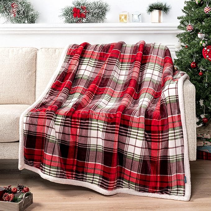 PAVILIA Red Green Christmas Plaid Sherpa Throw Blanket, Holiday Fleece Blanket 60" x 80", Soft Flannel Plush Throw for Couch, Sofa & Bed, Festive Winter Home Decor, Cozy