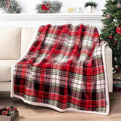 PAVILIA Red Green Christmas Plaid Sherpa Throw Blanket, Holiday Fleece Blanket 60" x 80", Soft Flannel Plush Throw for Couch, Sofa & Bed, Festive Winter Home Decor, Cozy
